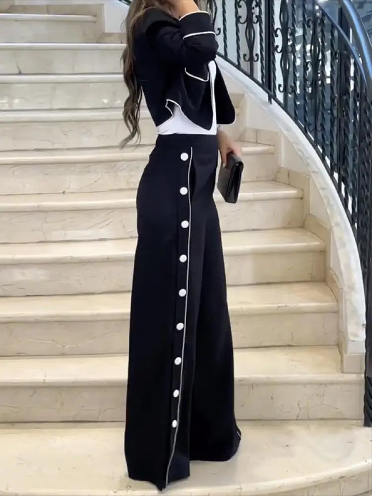 Chic Notched Collar Coat & High Waist Trousers Set VestiVogue