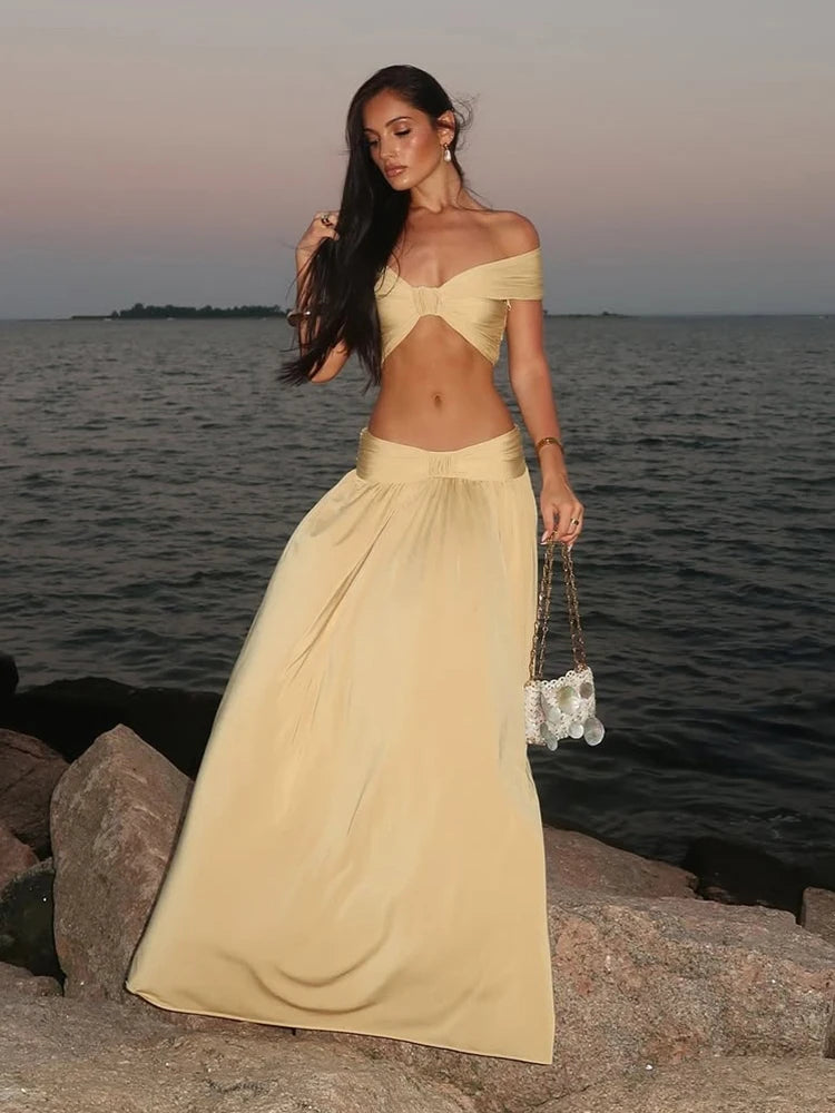 Elegant Off-Shoulder Backless Crop Top & A-Line Skirt Set VestiVogue