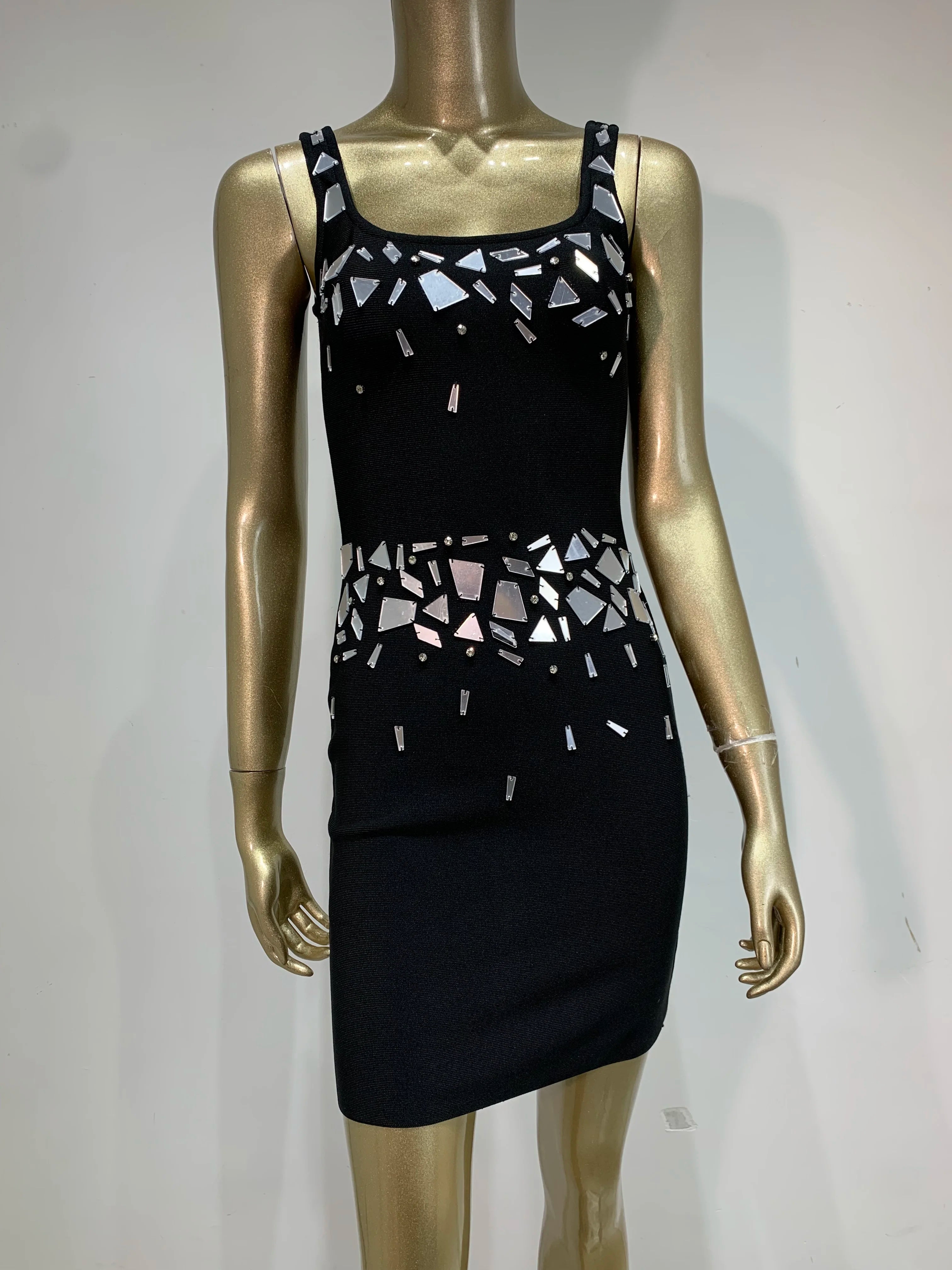Elegant Black Bodycon Bandage Dress with Beaded Detail VestiVogue