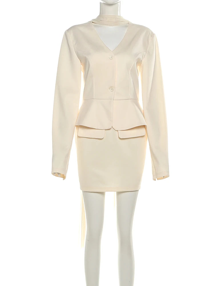 Chic 3-Piece Office Elegance Set with Mesh Scarf, Tailored Coat, and Mini Skirt VestiVogue