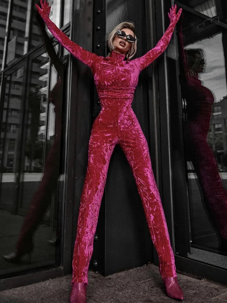 Hot Pink Velvet Bodycon Jumpsuit for Women VestiVogue