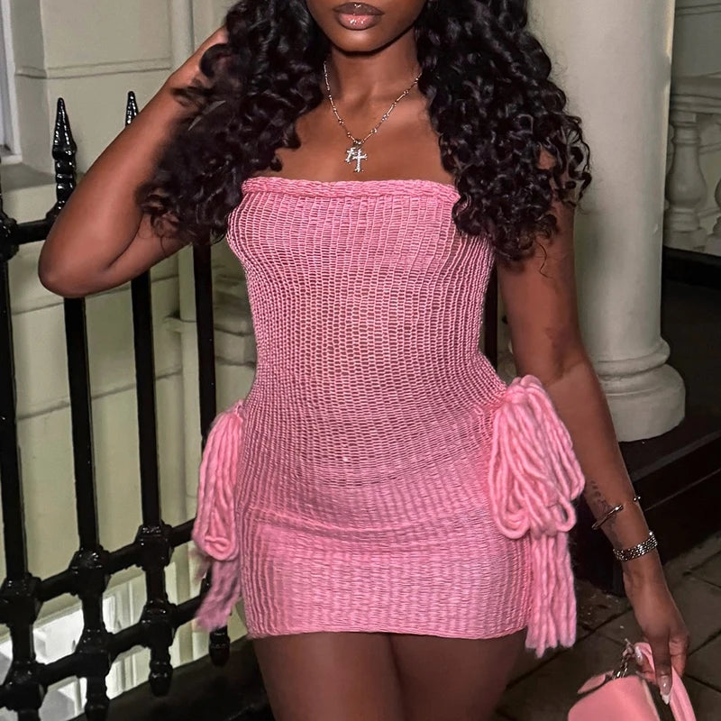 Strapless Backless Woolen Knit Mini Dress with Tassel Detail VestiVogue Pink M
