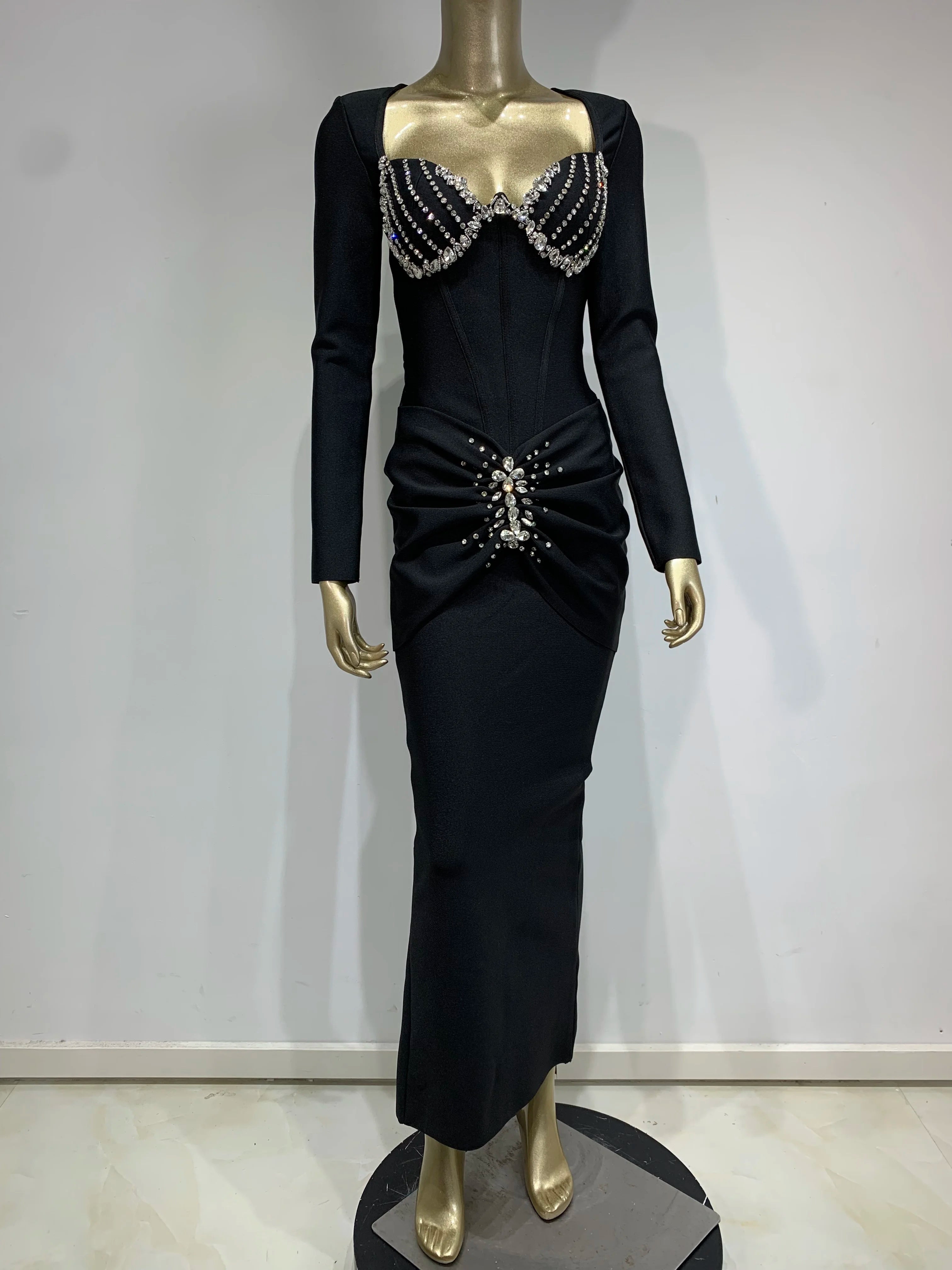 Elegant Black Maxi Bodycon Dress with Beading and Ruffles VestiVogue