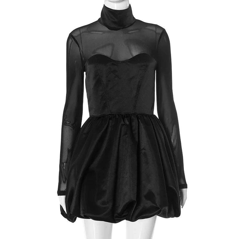 Mesh Splice Turtleneck Mini Dress VestiVogue Black S