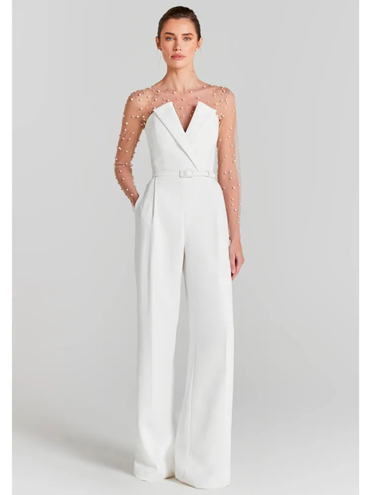 Pearl White Long Sleeve Bodycon Jumpsuit with Flare Pants VestiVogue