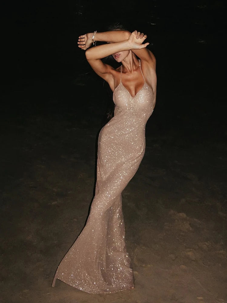 Backless Shiny Sequins V-Neck Ankle-Length Dress