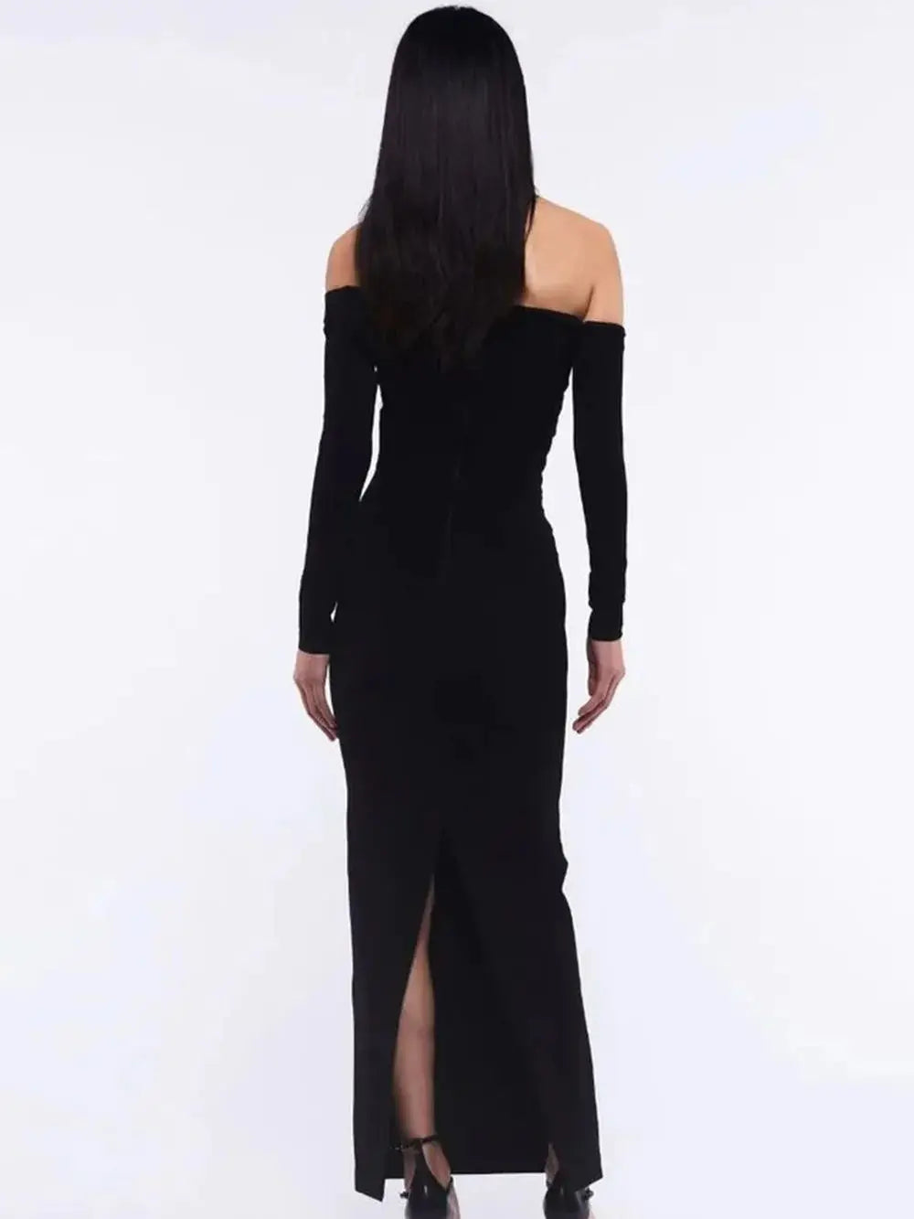 Off-Shoulder Black Cotton Long Gown VestiVogue