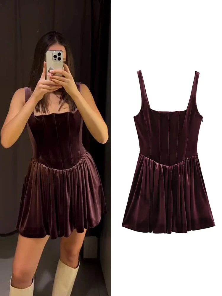 Velvet Mini Sling Dress with Square Collar VestiVogue