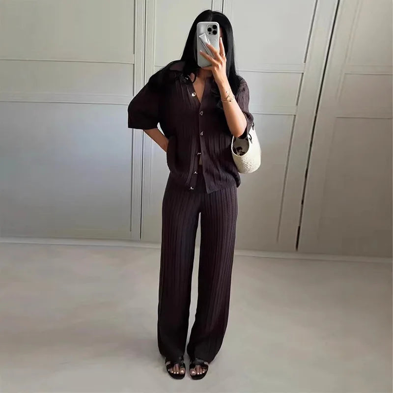 Brown Knitted Two-Piece Cardigan and Trousers Set VestiVogue