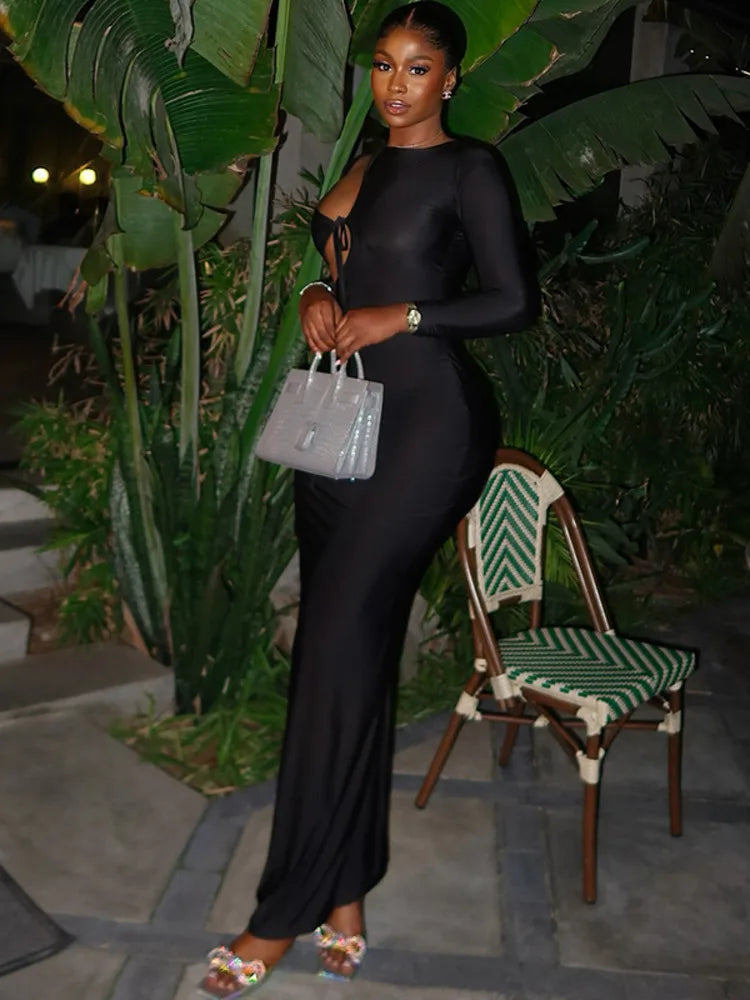 Hollow Out Lace-Up Long Sleeve Slim Dress VestiVogue