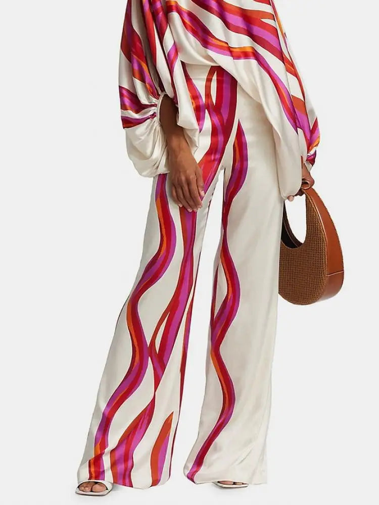 Diagonal Collar Striped Puff Sleeve Pants Set VestiVogue