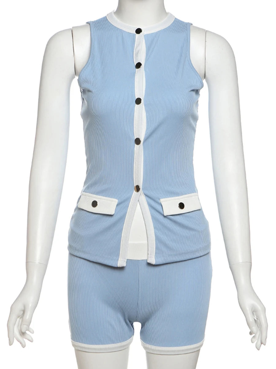 Ribbed Patchwork Sleeveless Top & Stretch Shorts Set VestiVogue
