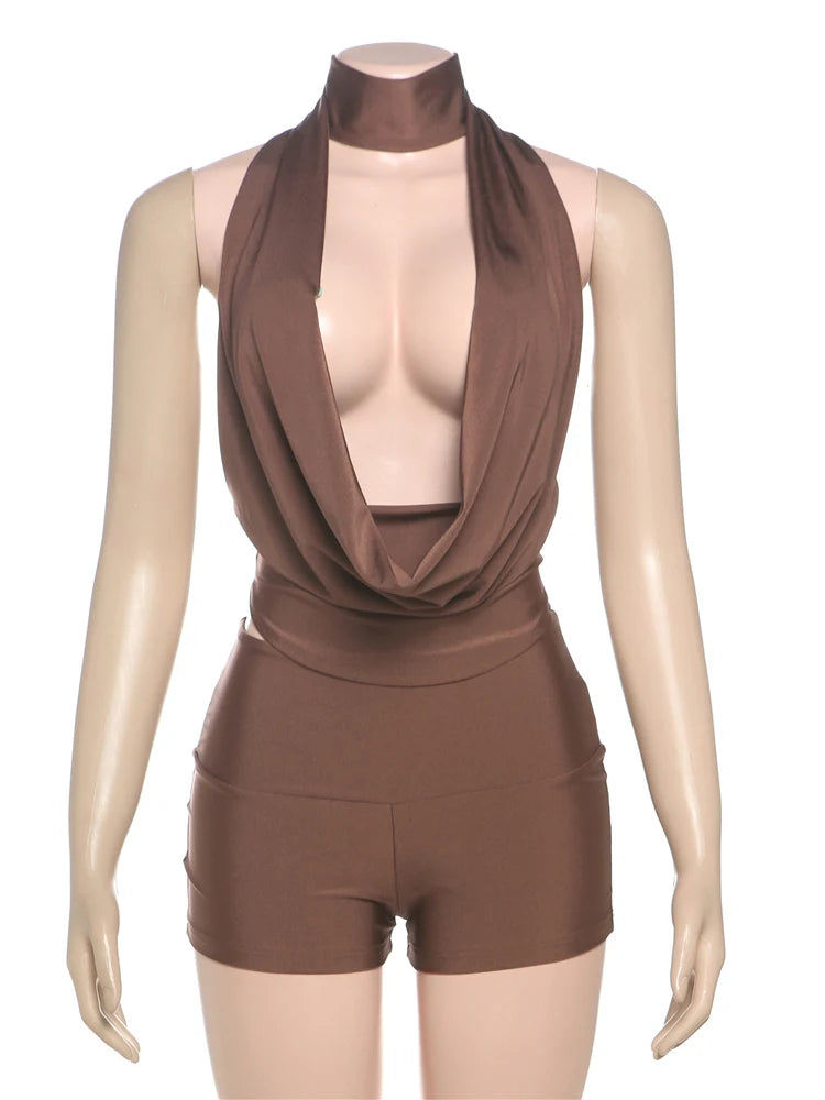 Halter Backless Lace Crop Top & Shorts Set VestiVogue