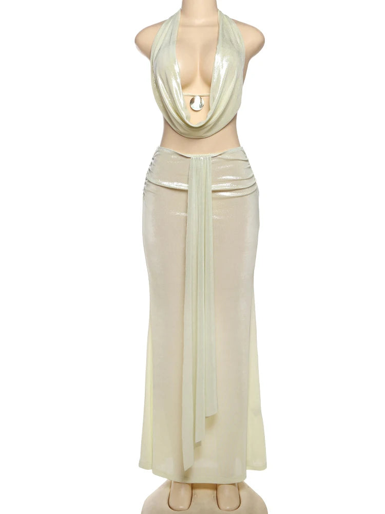 Halter Neck Glitter Tank & Ruched Skirt Set VestiVogue