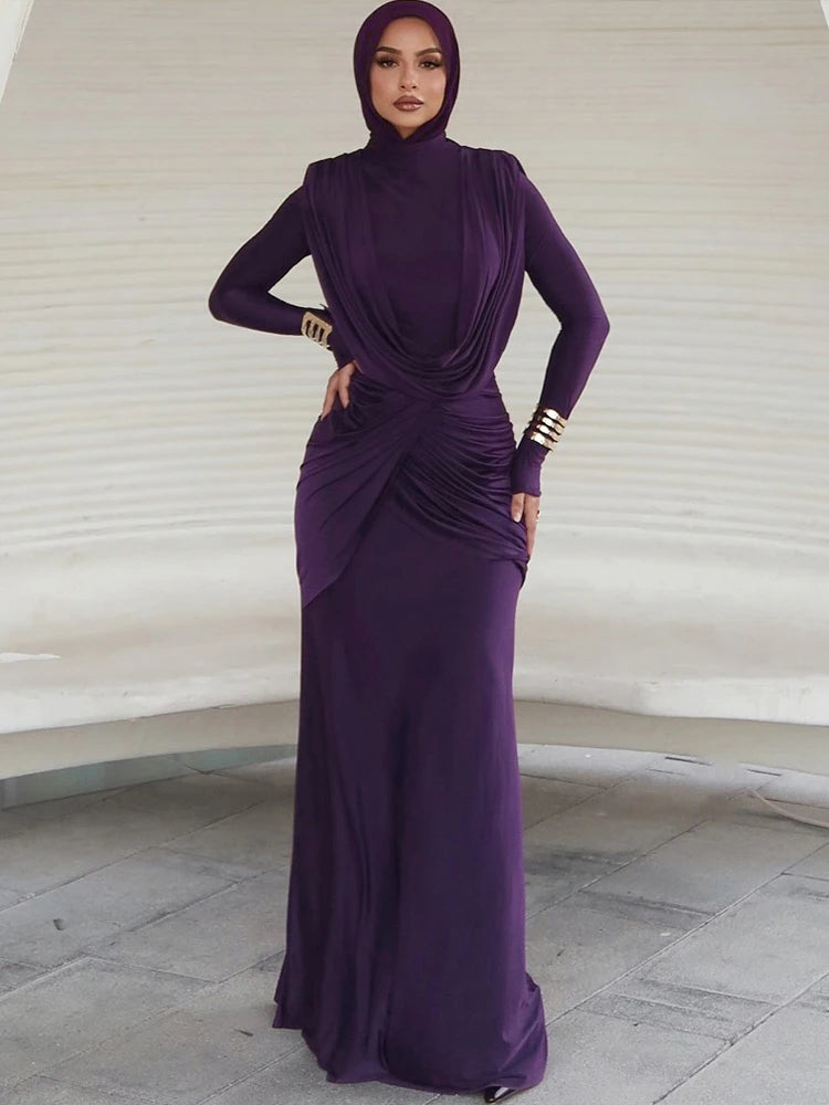 Elegant Ruched Peach Maxi Dress with Full Sleeves VestiVogue PURPLE L