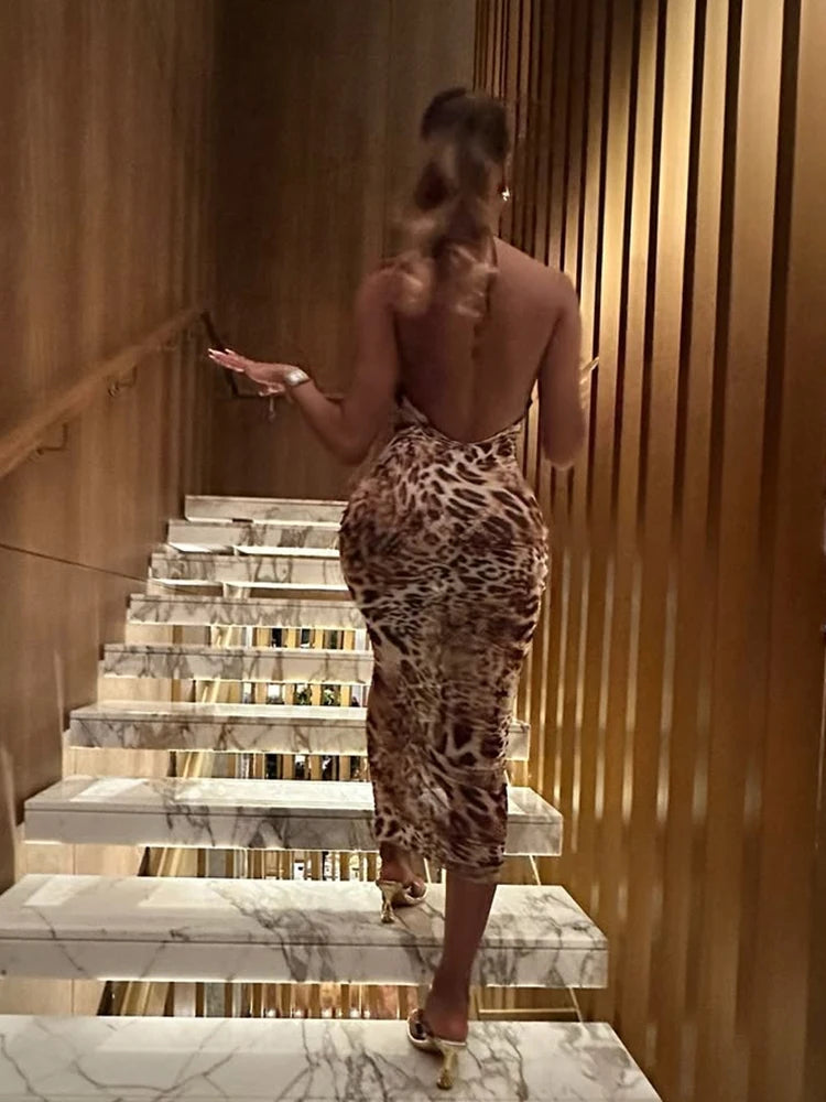 Backless V-Neck Snake Print Maxi Dress VestiVogue