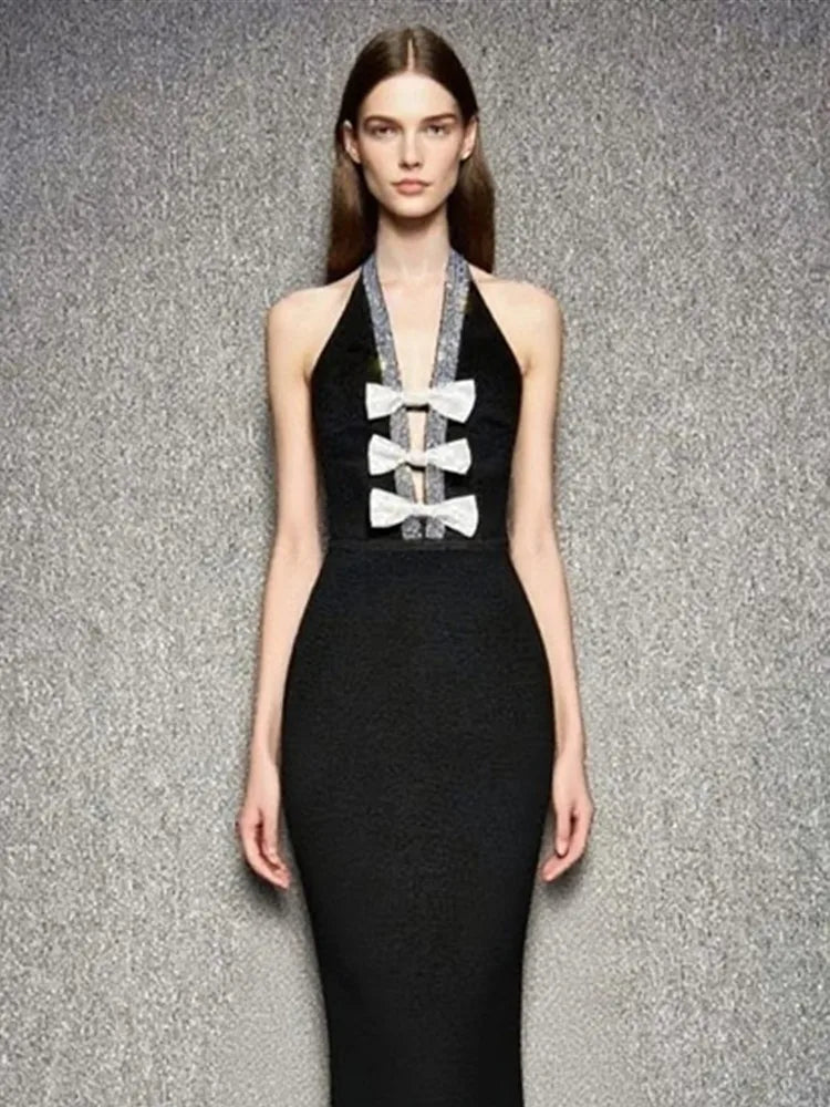 Backless Halter Bow Tie Black Midi Bodycon Dress VestiVogue black XL