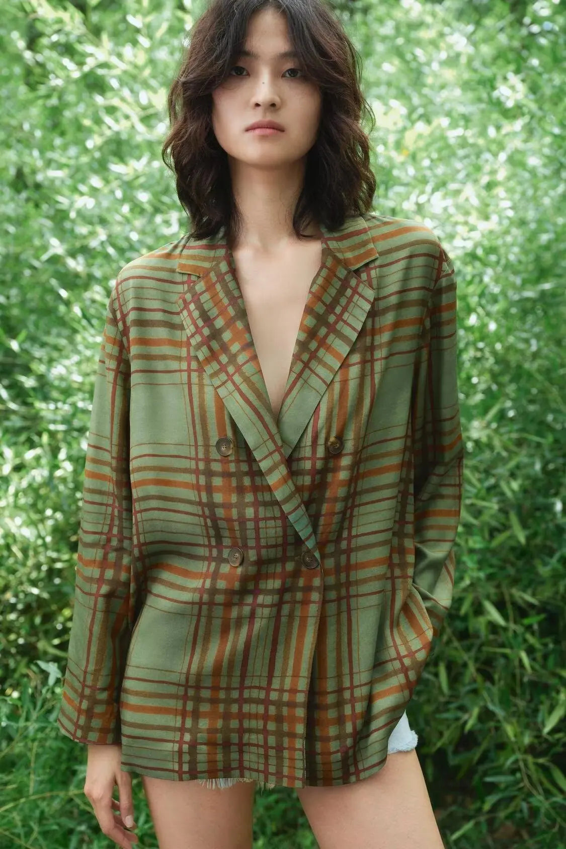 Plaid Double Breasted Blazer & Wide-Leg Trousers Set VestiVogue