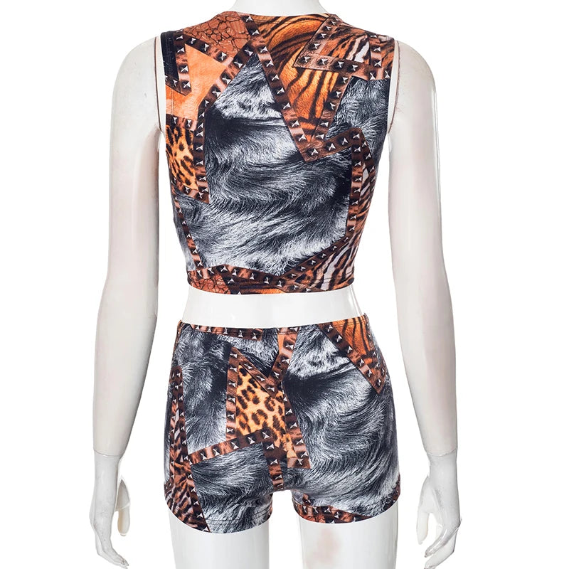 Leopard Print Sleeveless Tank Top & Mini Exposed Navel Shorts Set VestiVogue
