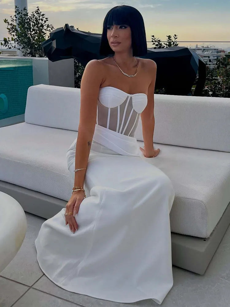 Strapless Mesh Maxi Skirt Set with Elegant Appliques VestiVogue