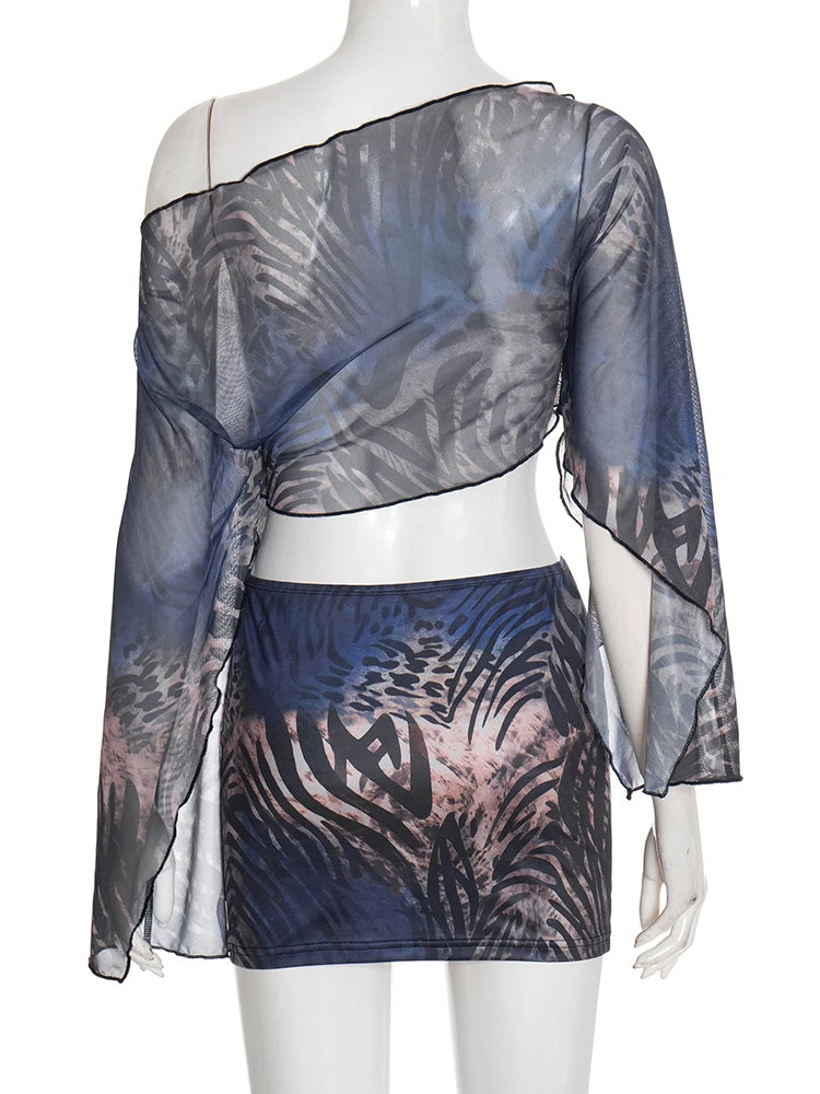 Tiger Stripe Mesh Two-Piece Set with Crop Top and Mini Skirt VestiVogue