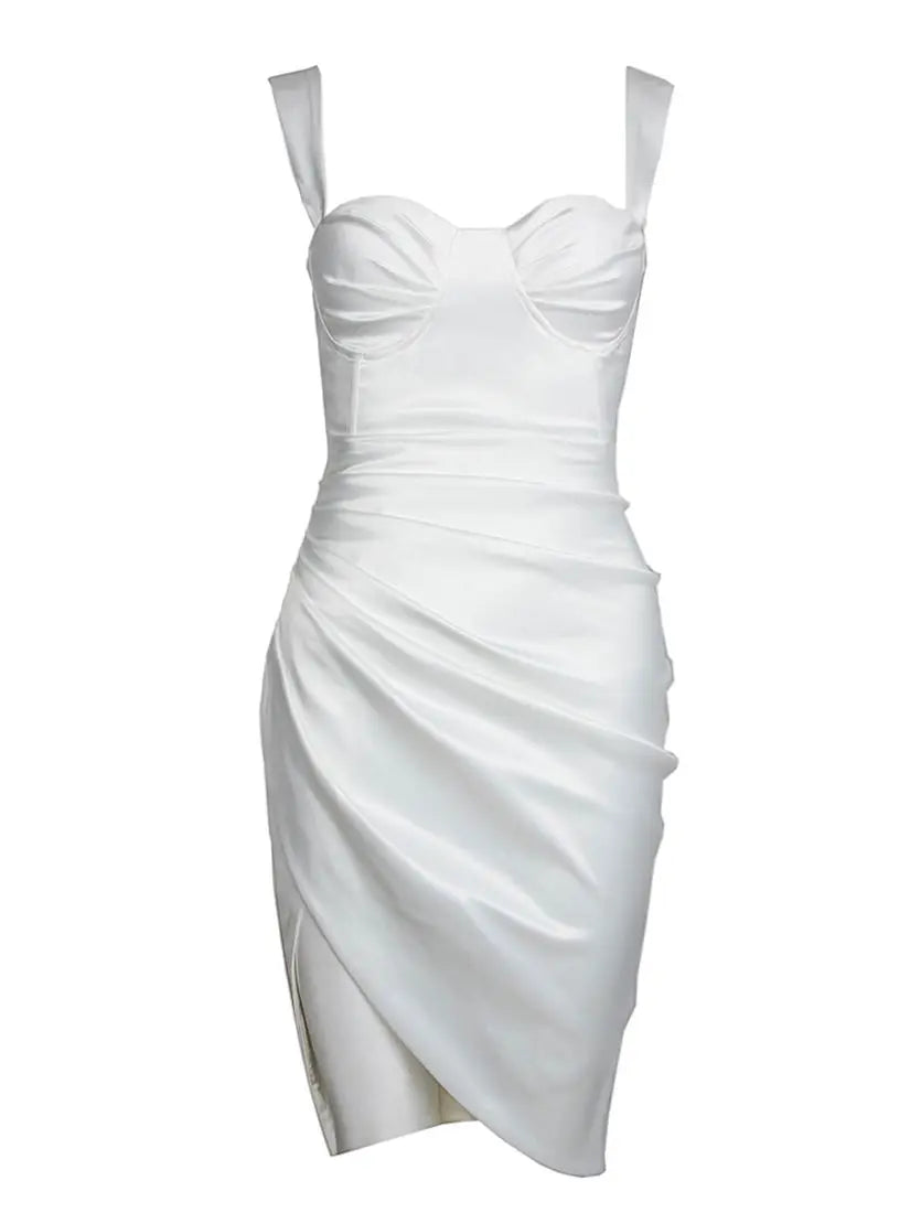 White Spaghetti Strap Split V Neck Bustier Dress VestiVogue
