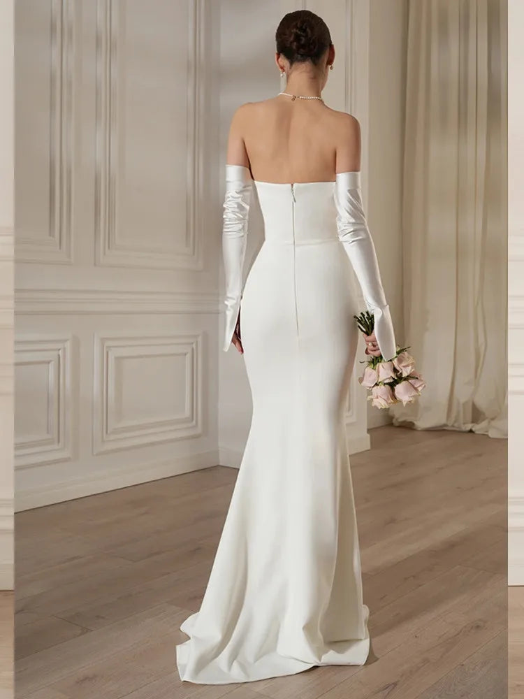 Elegant Off-Shoulder Black & White Lace Maxi Gown VestiVogue