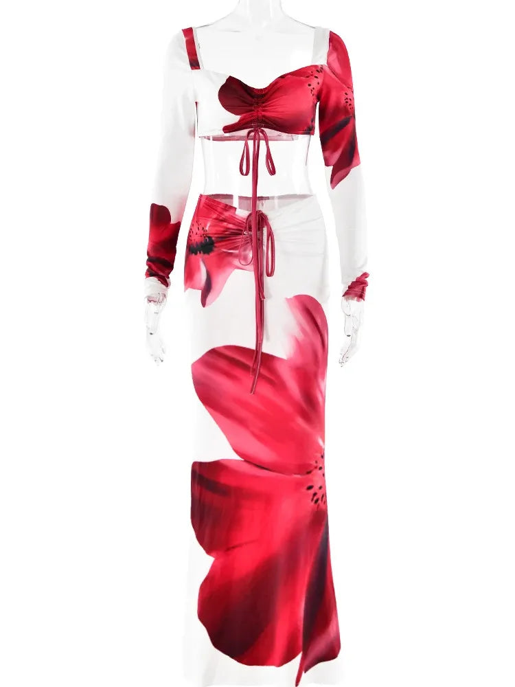 V-Neck Lace-Up Two-Piece Set with Long Skirt VestiVogue WHITE M