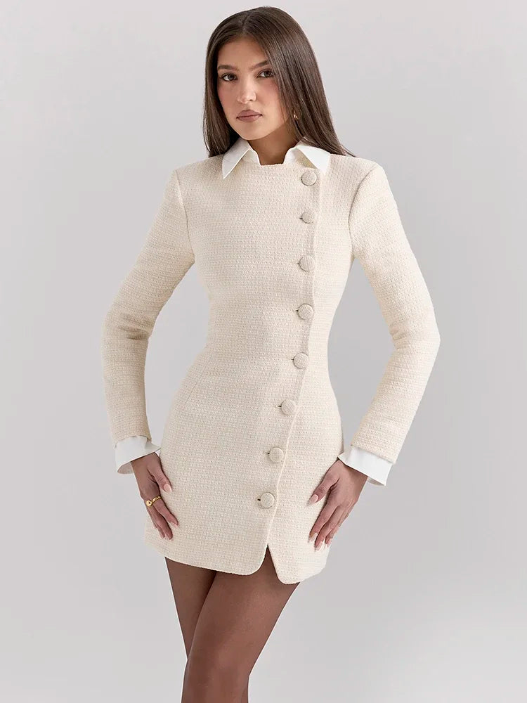 Women's Contrast Mini Dress with Lapel and Buttons VestiVogue Beige M