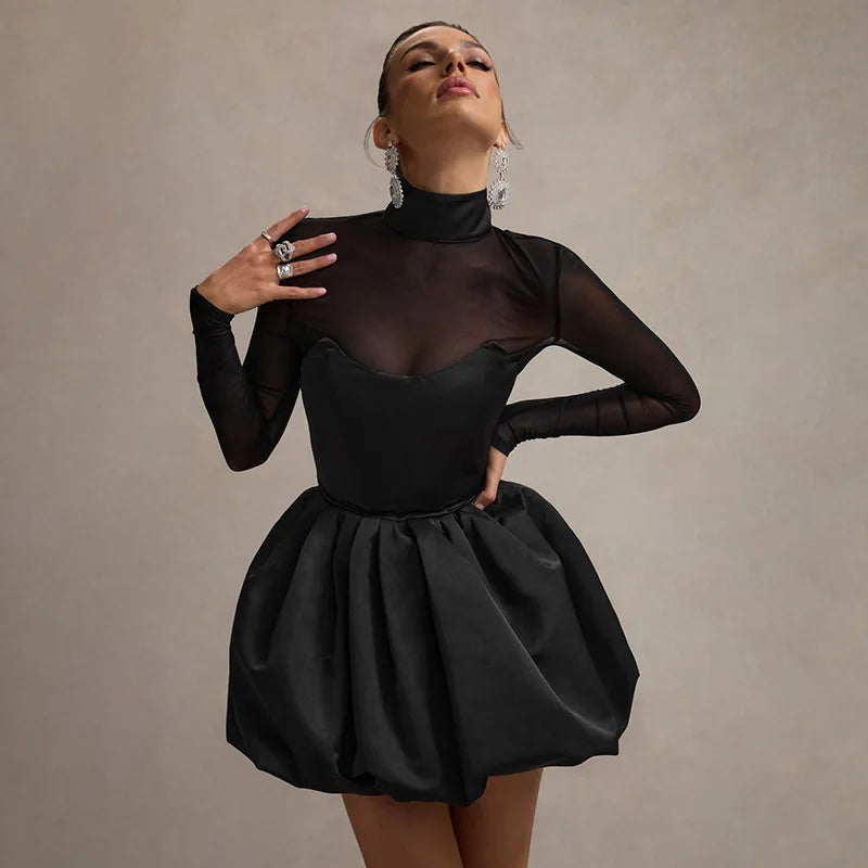 Mesh Splice Turtleneck Mini Dress VestiVogue