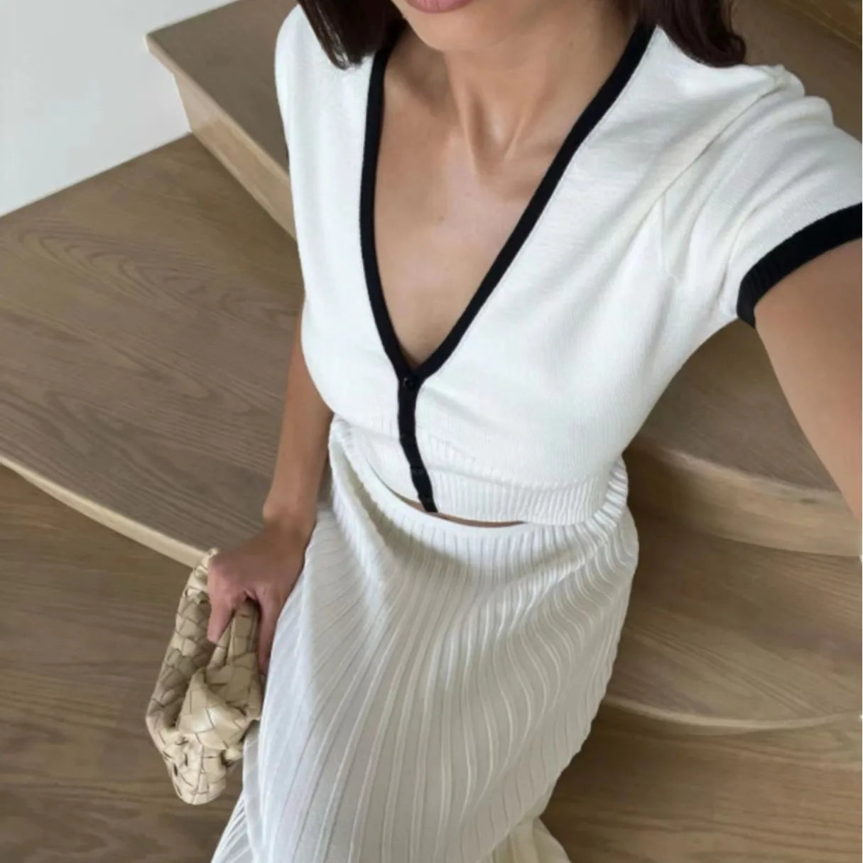 Knit Patchwork Crop Top and A-Line Skirt Set VestiVogue