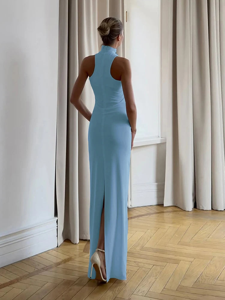 Halter Neck Sleeveless Maxi Dress in Classic Sheath Style VestiVogue