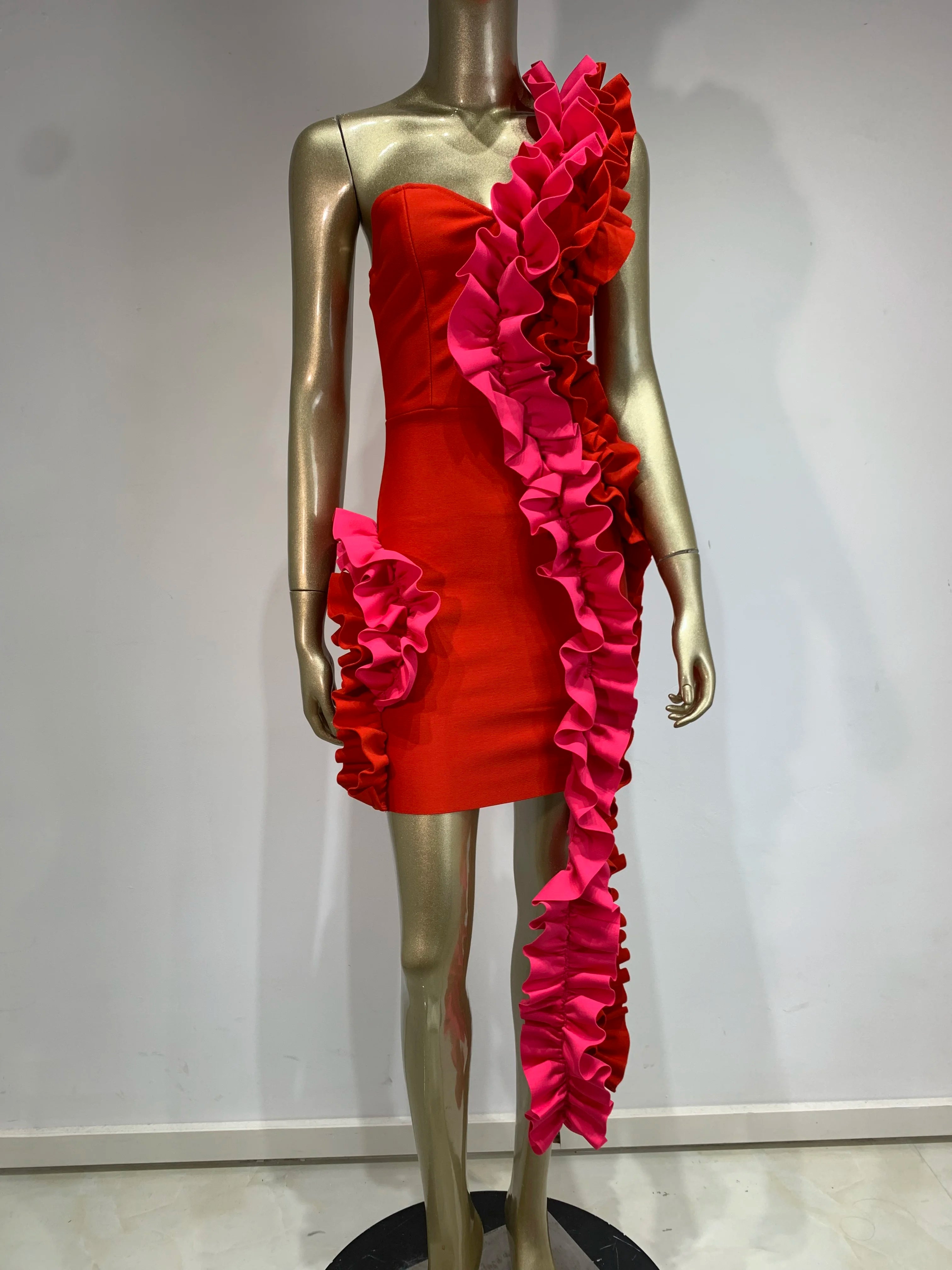 One-Shoulder Red Ruffle Bodycon Dress VestiVogue