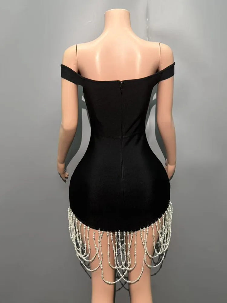 Elegant Off-Shoulder Black Bodycon Dress with Pearl Detail VestiVogue