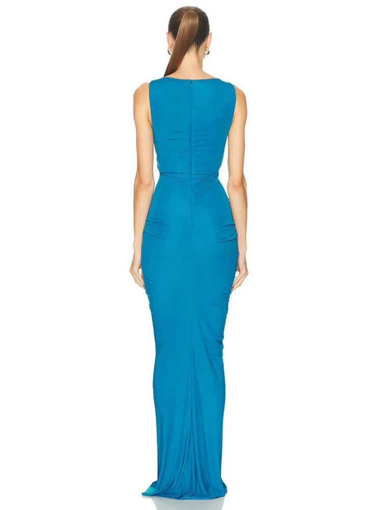 Lake Blue Ruched O-Neck Maxi Gown VestiVogue