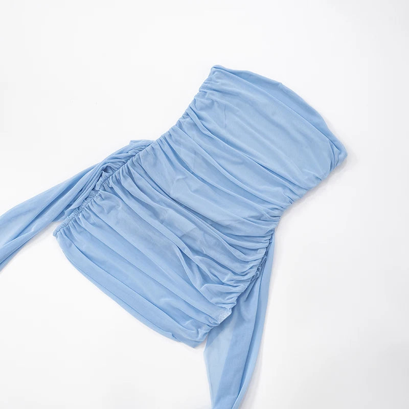 Mesh Patchwork Pleated Slim Dress with Fluttering Details VestiVogue