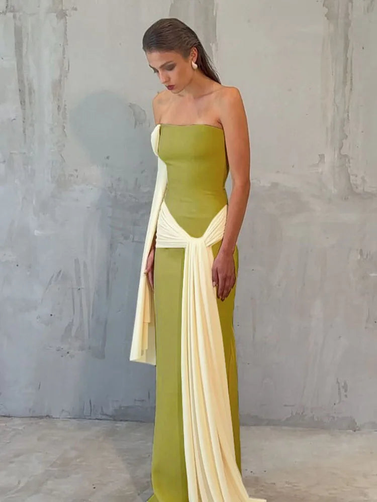 Colour-Block One-Shoulder Bell Sleeve Dress VestiVogue green L