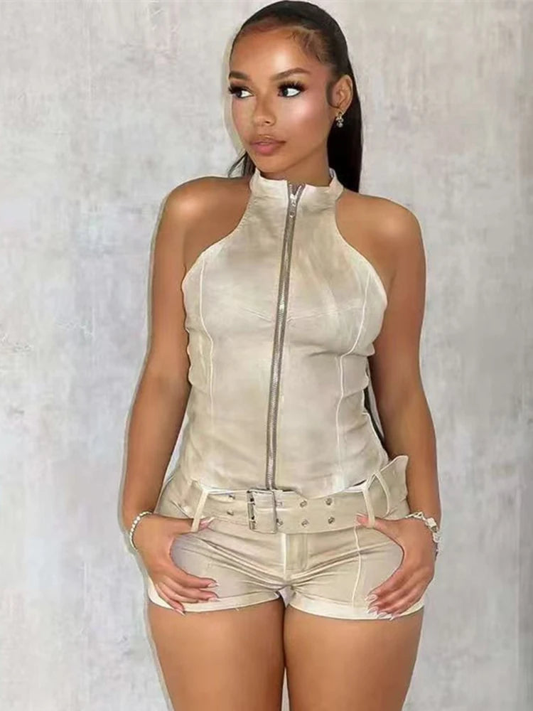 Distressed Denim Crop Set with Zipper Cardigan VestiVogue Khaki XL