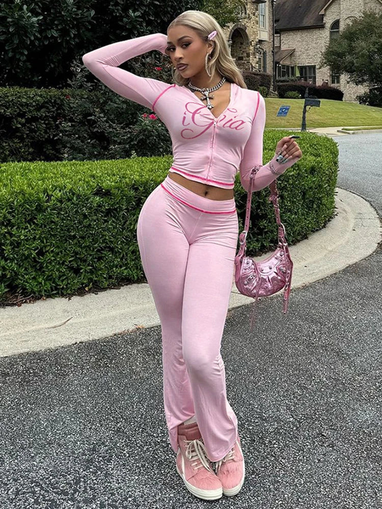 Sporty Chic Hooded Zip Crop Top & Flare Pants Set VestiVogue Pink M