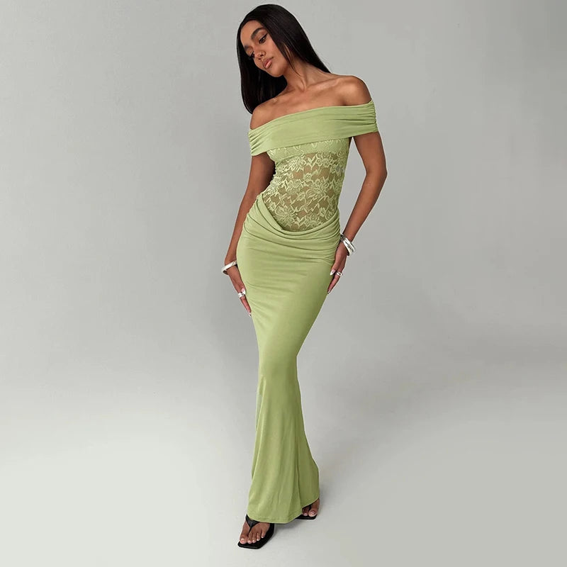 Off-Shoulder Lace Patchwork Long Dress VestiVogue