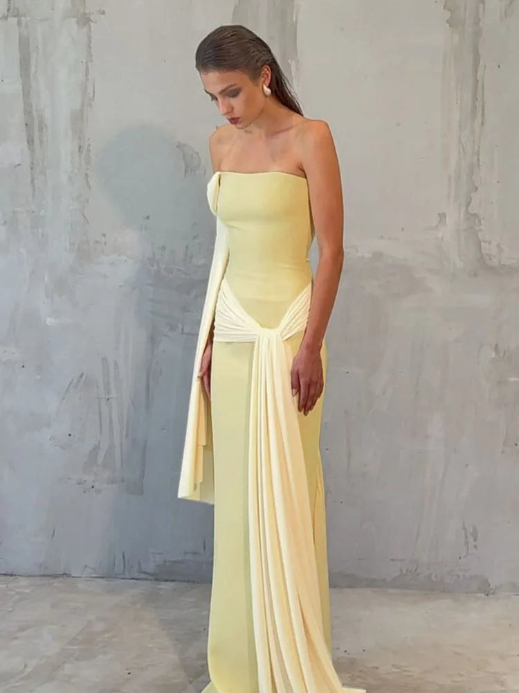 Colour-Block One-Shoulder Bell Sleeve Dress VestiVogue Yellow S