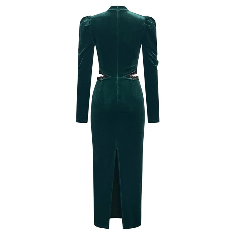 Dark Green Velvet Lace Bodycon Maxi Dress VestiVogue
