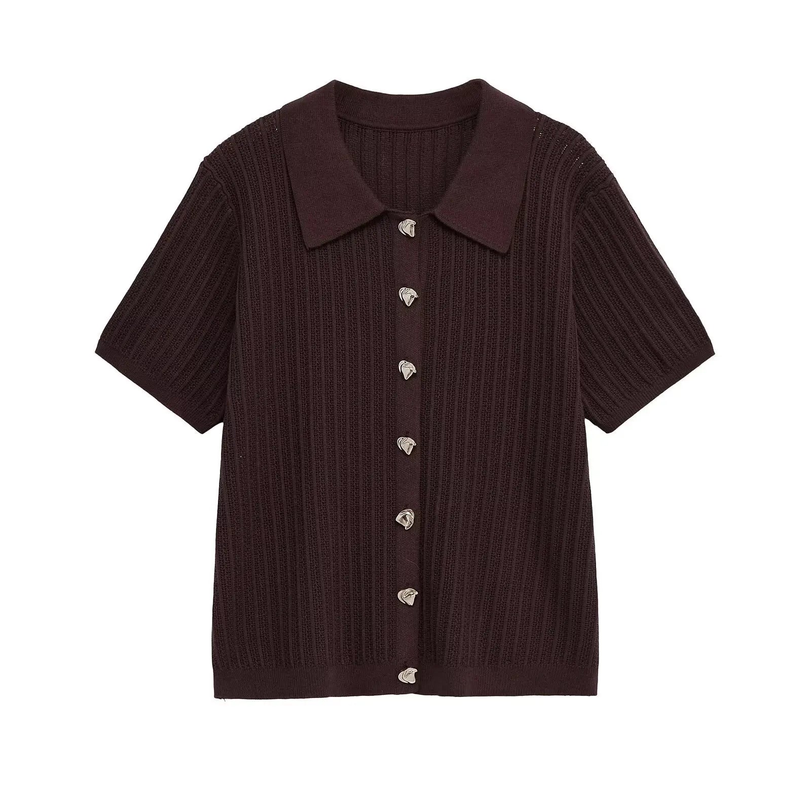 Brown Knitted Two-Piece Cardigan and Trousers Set VestiVogue only top S