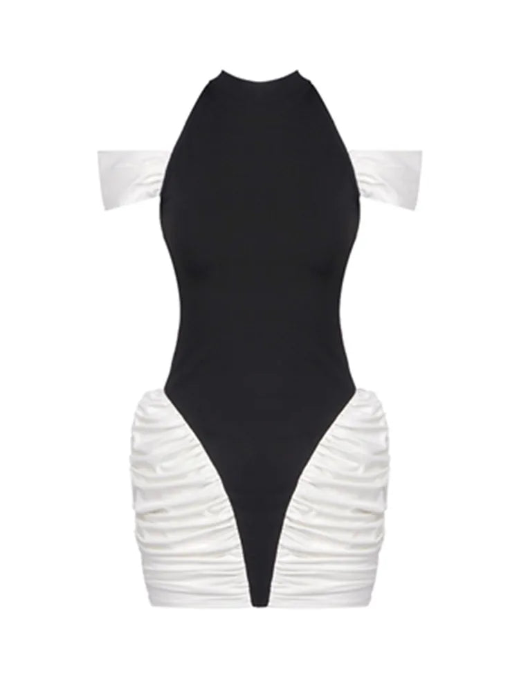 Chic Off-Shoulder Ruched Patchwork Mini Gown VestiVogue