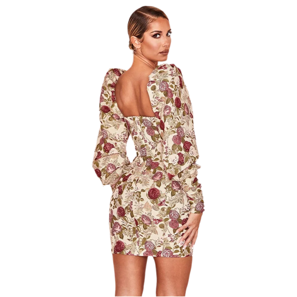 Flower Beige Bodycon V-Neck Mini Dress VestiVogue