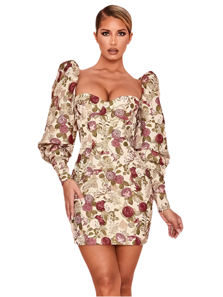 Flower Beige Bodycon V-Neck Mini Dress VestiVogue