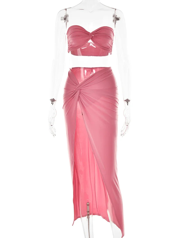 Elegant Strapless Hollow Out Maxi Dress in White VestiVogue Pink L