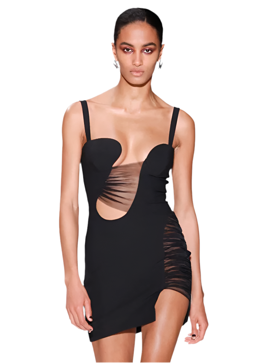 V Neck Backless Mesh Black Mini Dress VestiVogue  