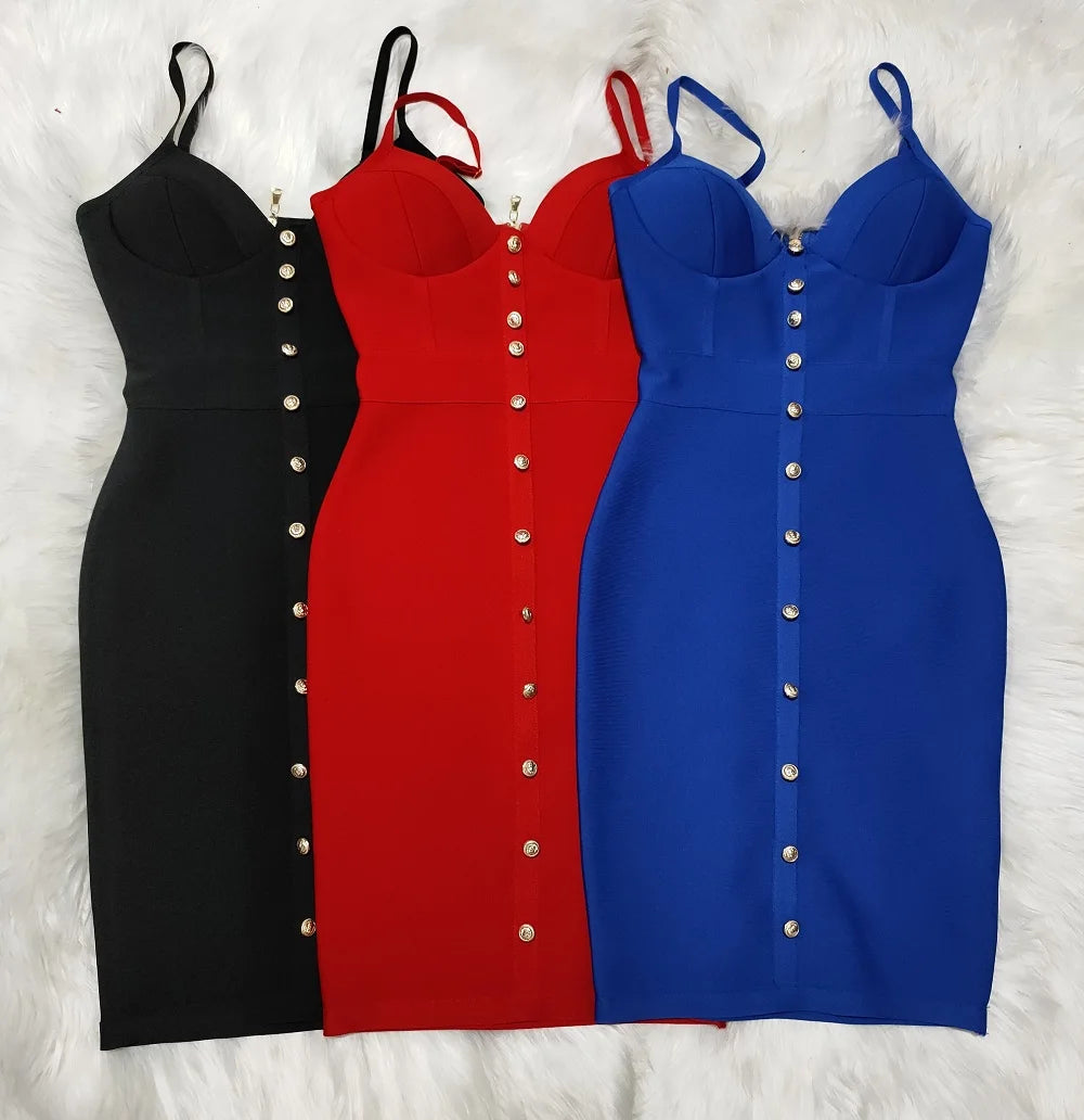 Women's V-Neck Bodycon Dress with Gold Buttons VestiVogue