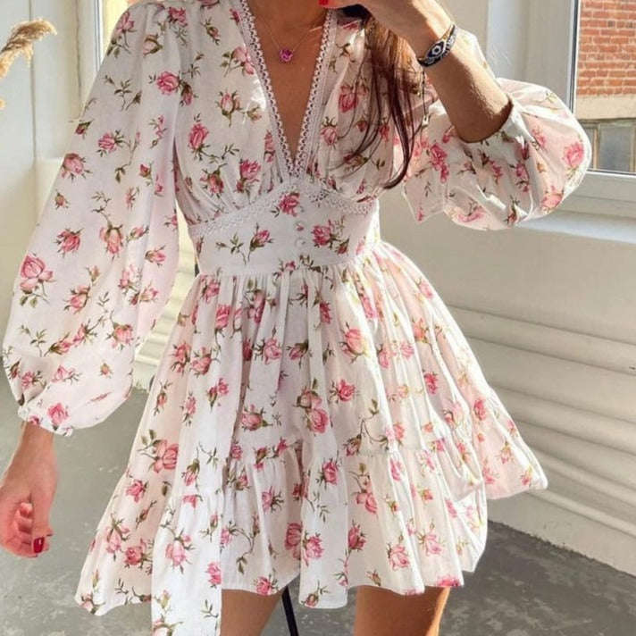 Floral V neck summer mini dress for women Chic Gym Wear  